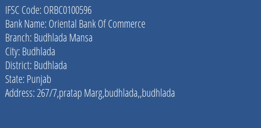 Oriental Bank Of Commerce Budhlada Mansa Branch, Branch Code 100596 & IFSC Code ORBC0100596