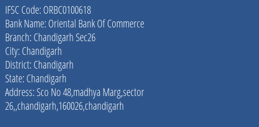 Oriental Bank Of Commerce Chandigarh Sec26 Branch Chandigarh IFSC Code ORBC0100618