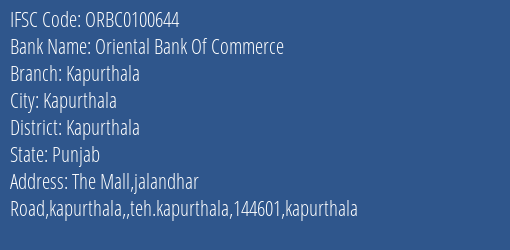 Oriental Bank Of Commerce Kapurthala Branch, Branch Code 100644 & IFSC Code ORBC0100644