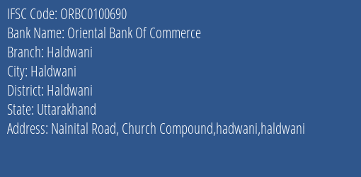Oriental Bank Of Commerce Haldwani Branch, Branch Code 100690 & IFSC Code ORBC0100690