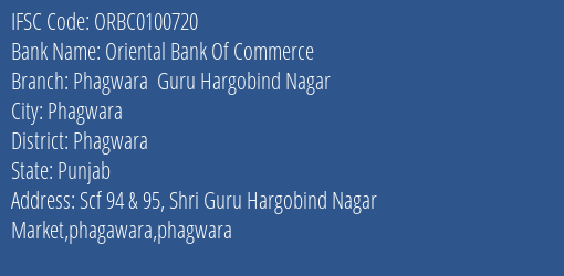 Oriental Bank Of Commerce Phagwara Guru Hargobind Nagar Branch Phagwara IFSC Code ORBC0100720