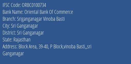 Oriental Bank Of Commerce Sriganganagar Vinoba Basti Branch Sri Ganganagar IFSC Code ORBC0100734