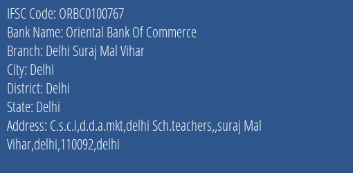 Oriental Bank Of Commerce Delhi Suraj Mal Vihar Branch Delhi IFSC Code ORBC0100767