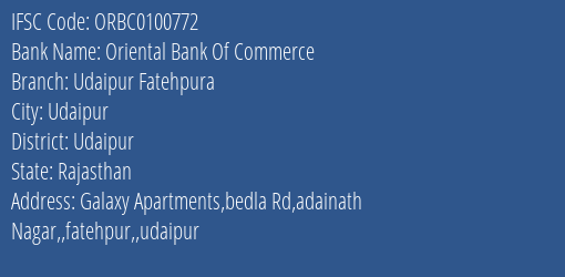 Oriental Bank Of Commerce Udaipur Fatehpura Branch Udaipur IFSC Code ORBC0100772