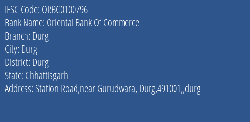 Oriental Bank Of Commerce Durg Branch, Branch Code 100796 & IFSC Code ORBC0100796