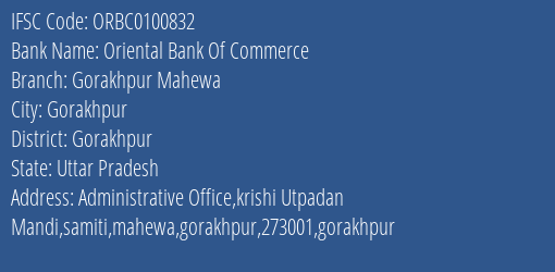 Oriental Bank Of Commerce Gorakhpur Mahewa Branch Gorakhpur IFSC Code ORBC0100832
