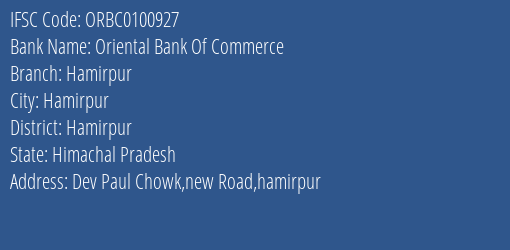 Oriental Bank Of Commerce Hamirpur Branch, Branch Code 100927 & IFSC Code ORBC0100927