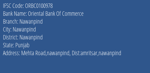 Oriental Bank Of Commerce Nawanpind Branch Nawanpind IFSC Code ORBC0100978