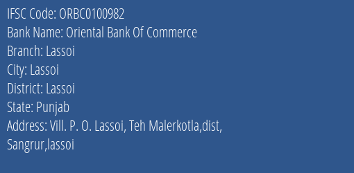Oriental Bank Of Commerce Lassoi Branch Lassoi IFSC Code ORBC0100982