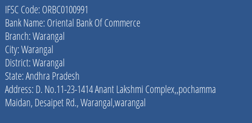 Oriental Bank Of Commerce Warangal Branch, Branch Code 100991 & IFSC Code ORBC0100991