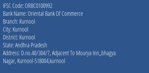 Oriental Bank Of Commerce Kurnool Branch, Branch Code 100992 & IFSC Code ORBC0100992