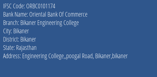 Oriental Bank Of Commerce Bikaner Engineering College Branch Bikaner IFSC Code ORBC0101174