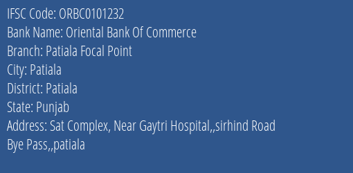 Oriental Bank Of Commerce Patiala Focal Point Branch Patiala IFSC Code ORBC0101232