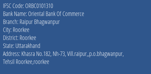 Oriental Bank Of Commerce Raipur Bhagwanpur Branch, Branch Code 101310 & IFSC Code ORBC0101310