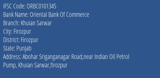 Oriental Bank Of Commerce Khuian Sarwar Branch, Branch Code 101345 & IFSC Code ORBC0101345
