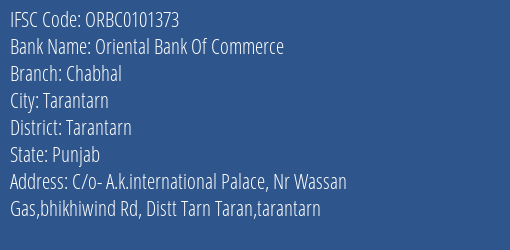 Oriental Bank Of Commerce Chabhal Branch Tarantarn IFSC Code ORBC0101373