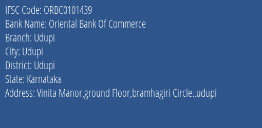 Oriental Bank Of Commerce Udupi Branch, Branch Code 101439 & IFSC Code ORBC0101439