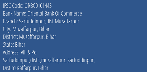 Oriental Bank Of Commerce Sarfuddinpur Dist Muzaffarpur Branch Muzaffarpur Bihar IFSC Code ORBC0101443