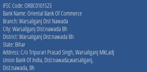 Oriental Bank Of Commerce Warsaliganj Dist Nawada Branch Warsaliganj Dist:nawada Bh IFSC Code ORBC0101523