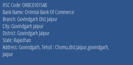 Oriental Bank Of Commerce Govindgarh Dist Jaipur Branch Govindgarh Jaipur IFSC Code ORBC0101548