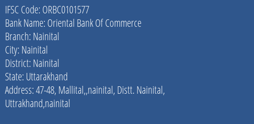 Oriental Bank Of Commerce Nainital Branch, Branch Code 101577 & IFSC Code ORBC0101577