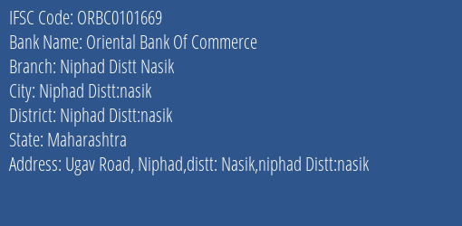 Oriental Bank Of Commerce Niphad Distt Nasik Branch Niphad Distt:nasik IFSC Code ORBC0101669