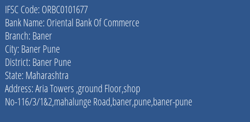 Oriental Bank Of Commerce Baner Branch Baner Pune IFSC Code ORBC0101677