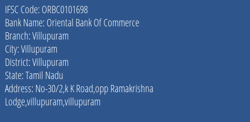 Oriental Bank Of Commerce Villupuram Branch, Branch Code 101698 & IFSC Code ORBC0101698