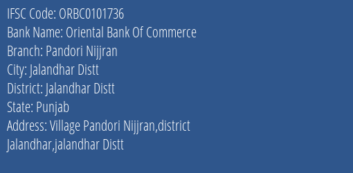 Oriental Bank Of Commerce Pandori Nijjran Branch Jalandhar Distt IFSC Code ORBC0101736