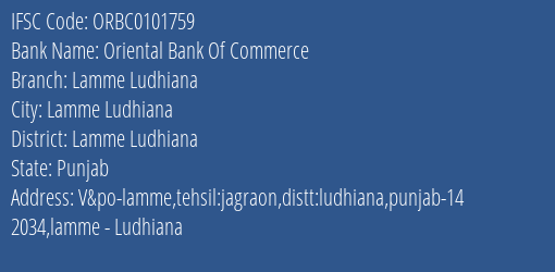 Oriental Bank Of Commerce Lamme Ludhiana Branch Lamme Ludhiana IFSC Code ORBC0101759