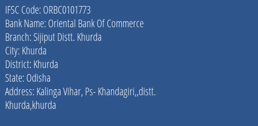 Oriental Bank Of Commerce Sijiput Distt. Khurda Branch, Branch Code 101773 & IFSC Code ORBC0101773