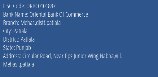Oriental Bank Of Commerce Mehas Distt.patiala Branch Patiala IFSC Code ORBC0101887