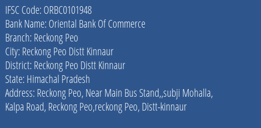 Oriental Bank Of Commerce Reckong Peo Branch Reckong Peo Distt Kinnaur IFSC Code ORBC0101948