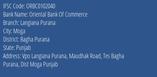 Oriental Bank Of Commerce Langiana Purana Branch Bagha Purana IFSC Code ORBC0102040