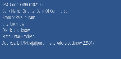 Oriental Bank Of Commerce Rajajipuram Branch Lucknow IFSC Code ORBC0102100