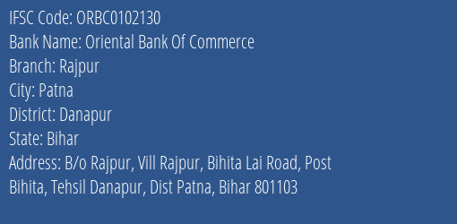 Oriental Bank Of Commerce Rajpur Branch, Branch Code 102130 & IFSC Code ORBC0102130