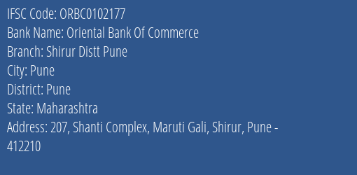 Oriental Bank Of Commerce Shirur Distt Pune Branch Pune IFSC Code ORBC0102177