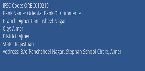 Oriental Bank Of Commerce Ajmer Panchsheel Nagar Branch Ajmer IFSC Code ORBC0102191