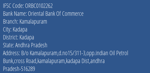 Oriental Bank Of Commerce Kamalapuram Branch Kadapa IFSC Code ORBC0102262