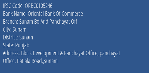Oriental Bank Of Commerce Sunam Bd And Panchayat Off Branch Sunam IFSC Code ORBC0105246