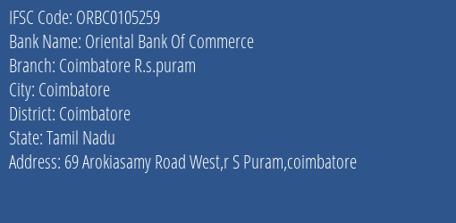 IFSC Code ORBC0105259 for Coimbatore R.s.puram Branch Oriental Bank Of Commerce, Coimbatore Tamil Nadu