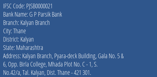 G P Parsik Bank Kalyan Branch Branch IFSC Code