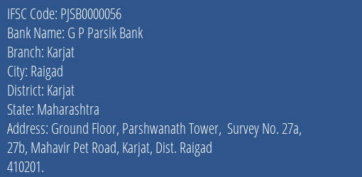 G P Parsik Bank Karjat Branch, Branch Code 000056 & IFSC Code PJSB0000056