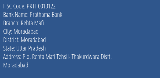 Prathama Bank Rehta Mafi Branch Moradabad IFSC Code PRTH0013122