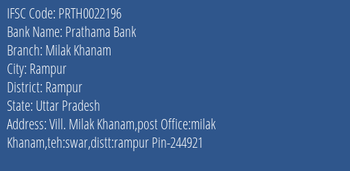 Prathama Bank Milak Khanam Branch Rampur IFSC Code PRTH0022196