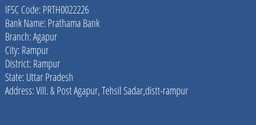Prathama Bank Agapur Branch Rampur IFSC Code PRTH0022226