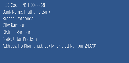 Prathama Bank Rathonda Branch, Branch Code 022268 & IFSC Code Prth0022268
