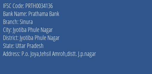Prathama Bank Sinura Branch Jyotiba Phule Nagar IFSC Code PRTH0034136