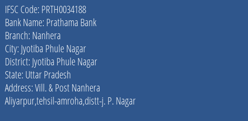 Prathama Bank Nanhera Branch Jyotiba Phule Nagar IFSC Code PRTH0034188