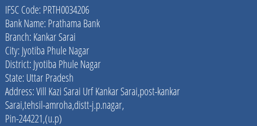Prathama Bank Kankar Sarai Branch Jyotiba Phule Nagar IFSC Code PRTH0034206